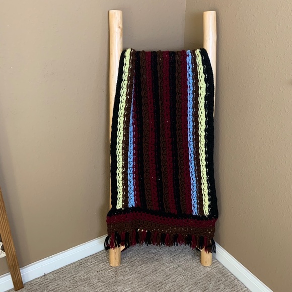 Handmade Crochet Scarf -- blend of maroon, black, brown, blue, yellow - Picture 10 of 10